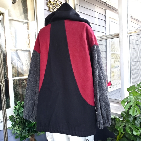 Vintage Leslie Fay Wool Blend Black Gray Maroon Hooded Boho Bomber Jacket XL - Picture 4 of 14